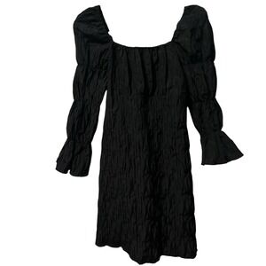 Ghospell‎ Black Crinkle Puff Sleeve Mini Dress Women's S Square Neck Tie Back